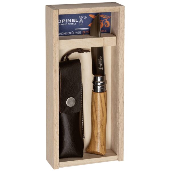 Opinel No. 08 Oliventræ med Etui i Blyantboks – Gaveæske