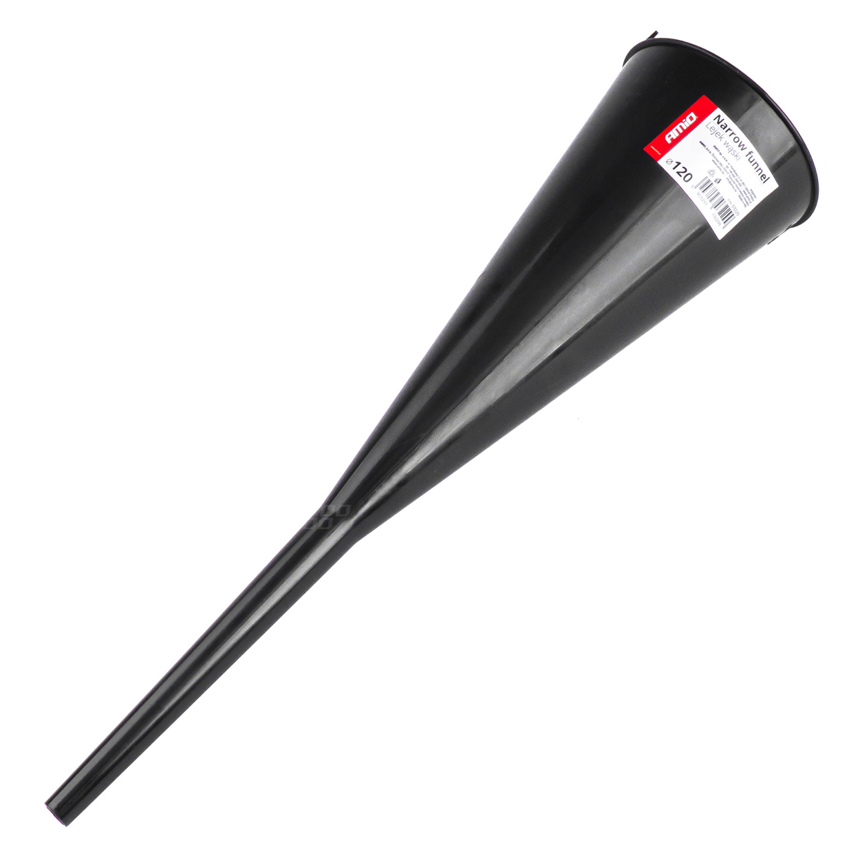 Lang smal plasttragt – 46 cm, Ø12 cm top / Ø1 cm tud