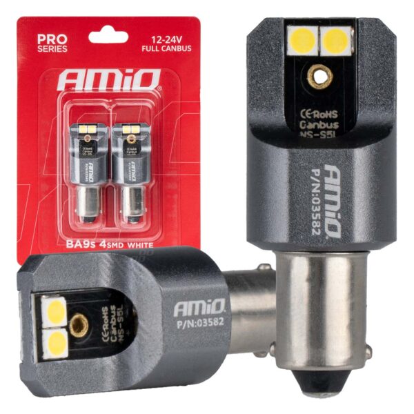 LED bilpærer AMiO T4W BA9s 4x3030 SMD 12V/24V CANBUS