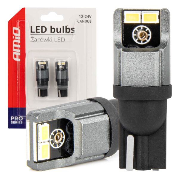 AMiO LED W5W – 4x SMD 3020 – 12V/24V – 6000K Hvid – CANBUS – sæt á 2 stk.
