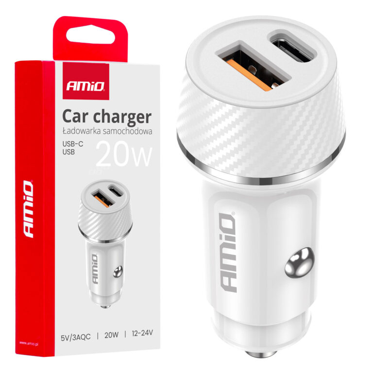 Billader USB-A + USB-C 20W – 12/24V, Hvid