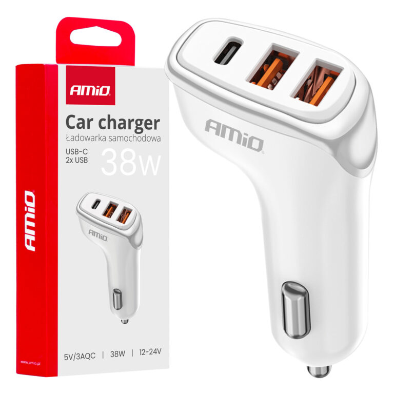 Billader 2x USB-A + USB-C 38W – 12/24V, Hvid