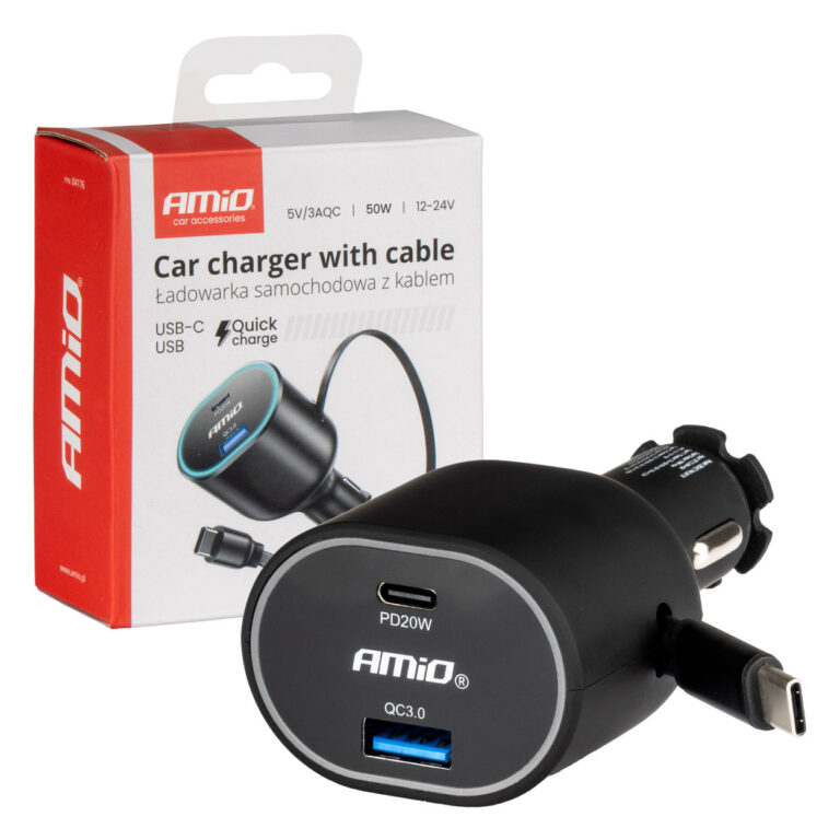 Hurtig billader QC 3.0 + USB-C PD med indtrækkeligt kabel – 50W