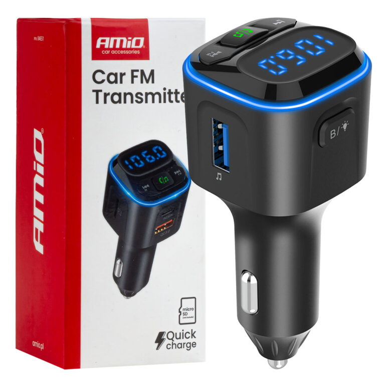 FM Transmitter til Bil med Bluetooth – 2x USB-C + USB-A + microSD, 12/24V