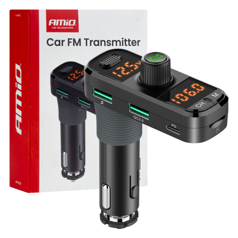 FM Transmitter til Bil med Bluetooth – L-formet, USB-A + USB-C + microSD, 12/24V