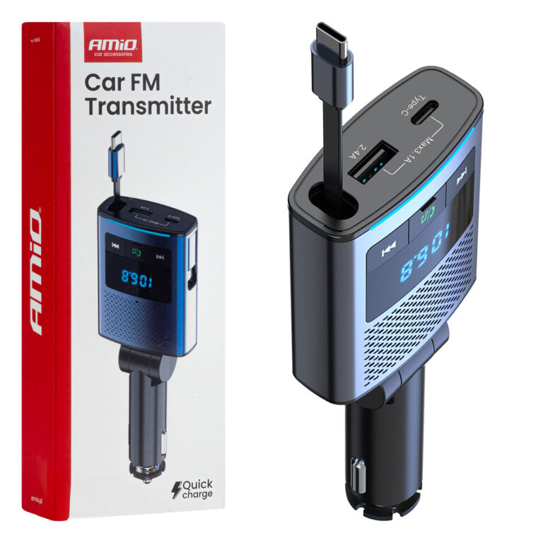 FM Transmitter til Bil med Bluetooth – USB-A + USB-C + indbygget kabel, 12/24V